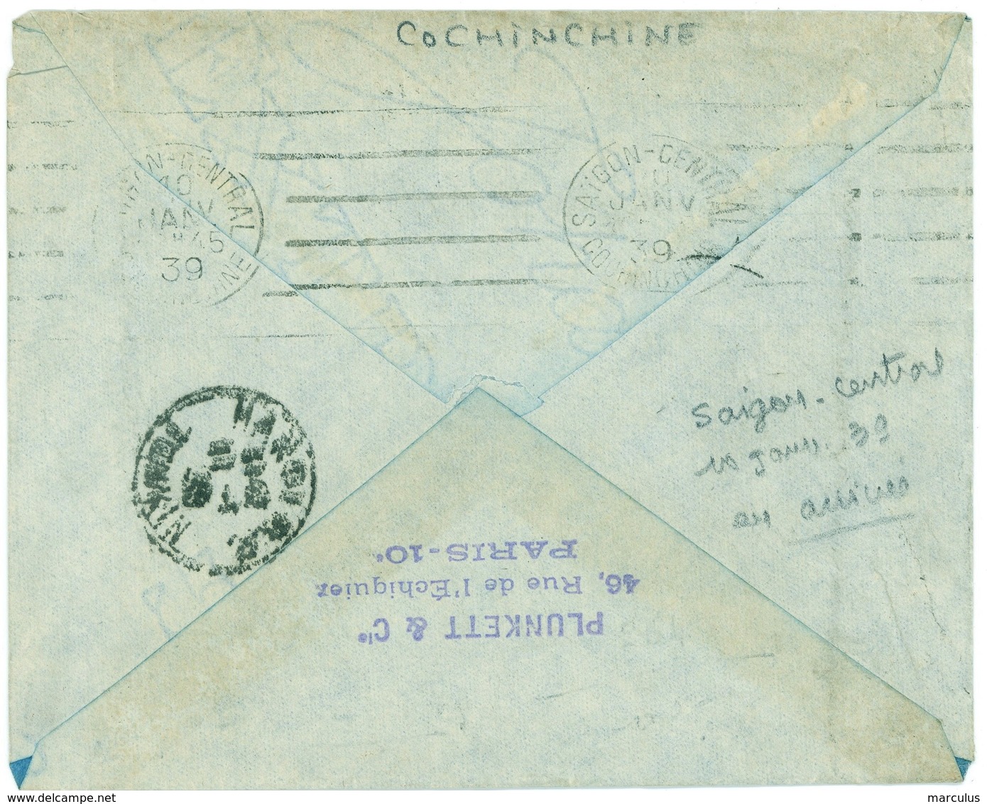 SAÏGON - CENTRAL COCHINCHINE 1939 Oblit. Krag 5 Lo En Arrivée (rare) - Cartas & Documentos