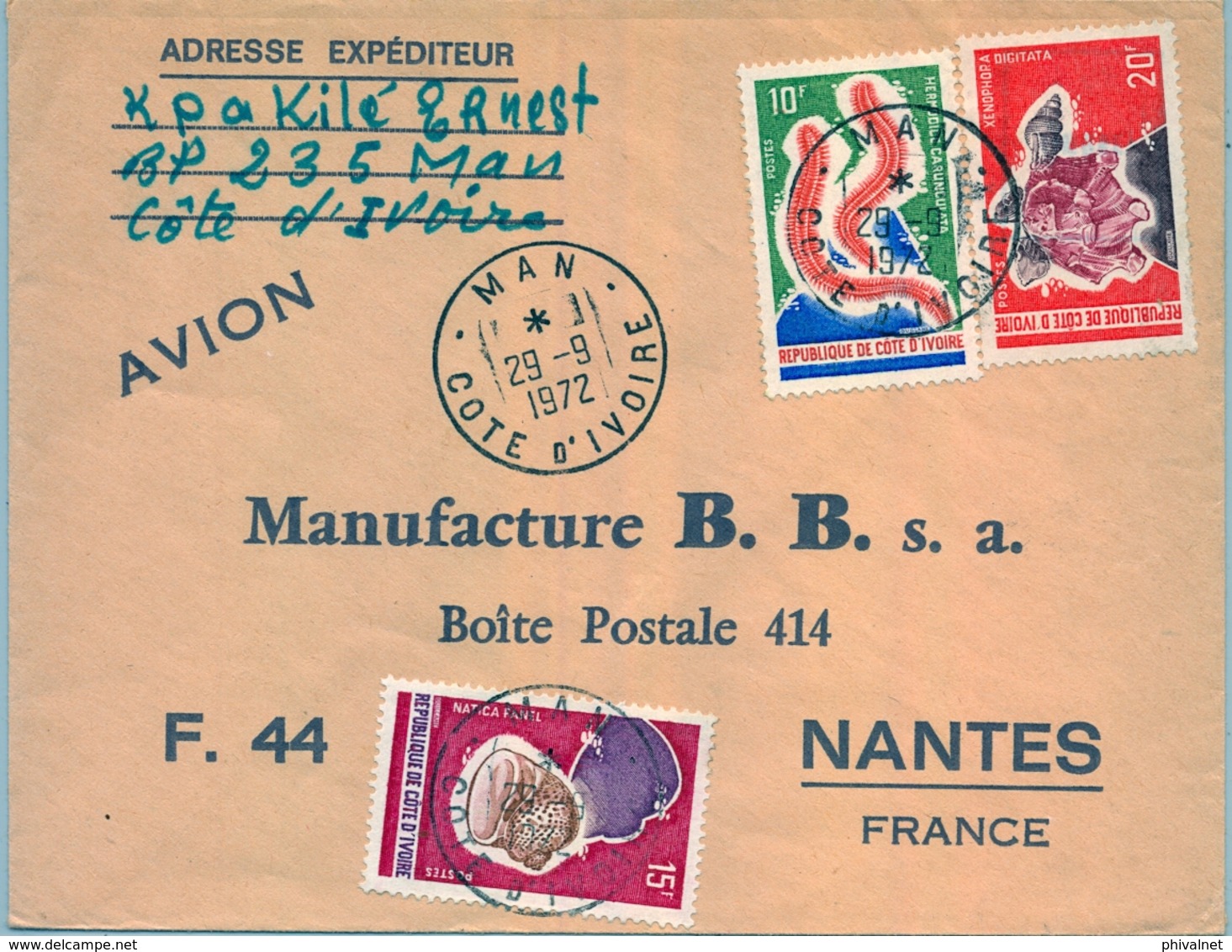 1972 , COSTA DE MARFIL ,  SOBRE CIRCULADO , MAN - NANTES , FAUNA MARINA , CONCHAS - Costa De Marfil (1960-...)