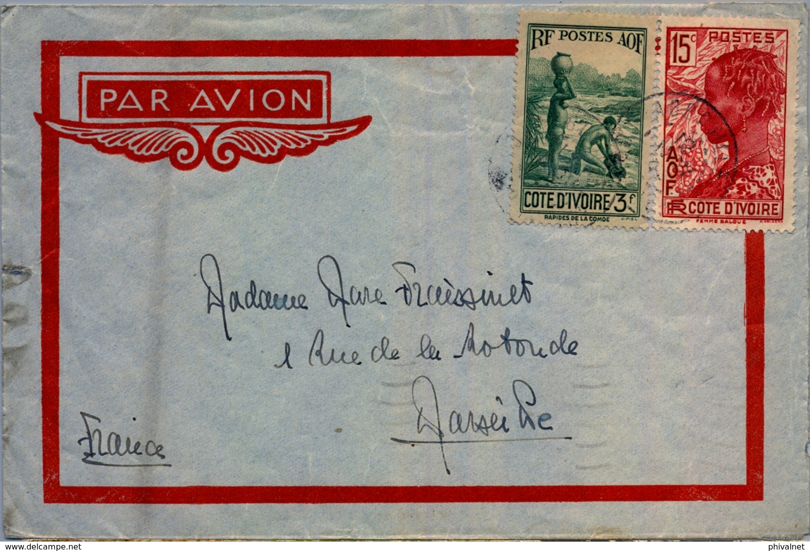 1938 , COSTA DE MARFIL ,  SOBRE CIRCULADO , AGBOVILLE - MARSEILLE , LLEGADA AL DORSO, CORREO AÉREO - Cartas & Documentos