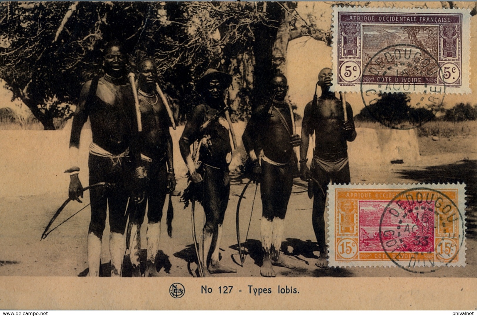 1933 , COSTA DE MARFIL ,  TARJETA POSTAL , MAT. DEDOUGOU , TYPES LOBIS , POSTALES ÉTNICAS , ETNOGRAFIA, ARCOS , ARCHERY - Cartas & Documentos