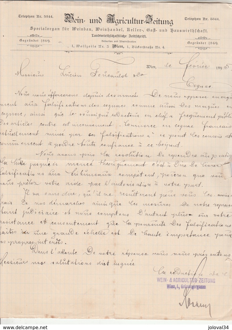 Autriche Facture Lettre 4/2/1895 REIN & AGRICULTUR ZEITUNG WIEN - Österreich