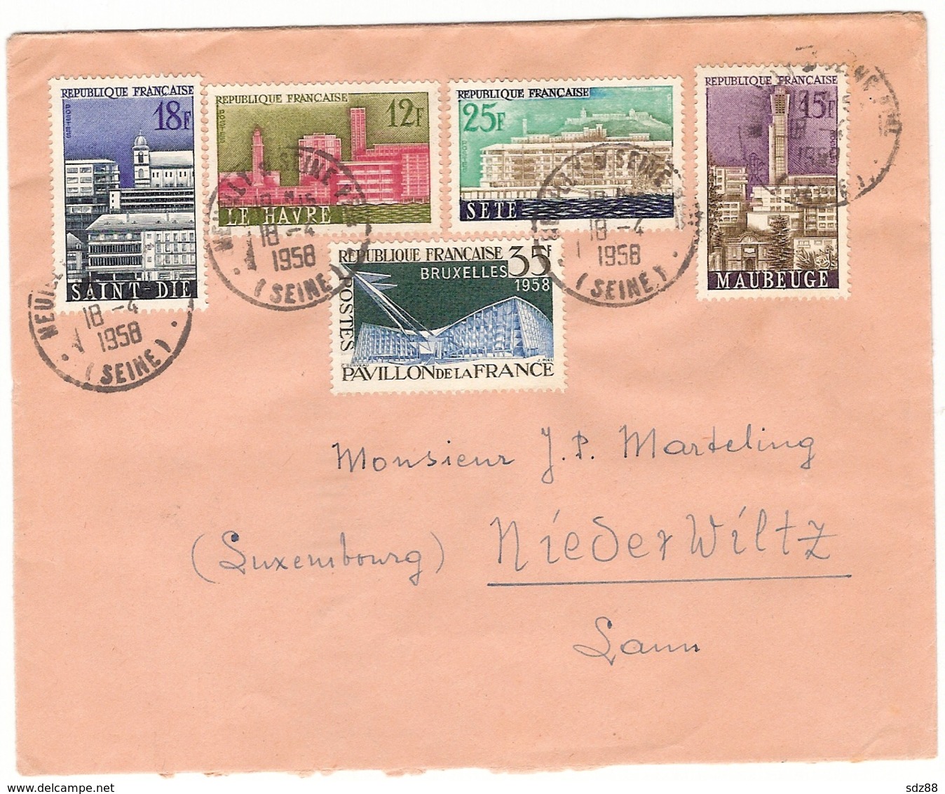 France 1958  YT 1152 à 1156 Sur Lettre  Villes Reconstruites Saint Dié- Le Havre - Sète - Maubeuge - Storia Postale