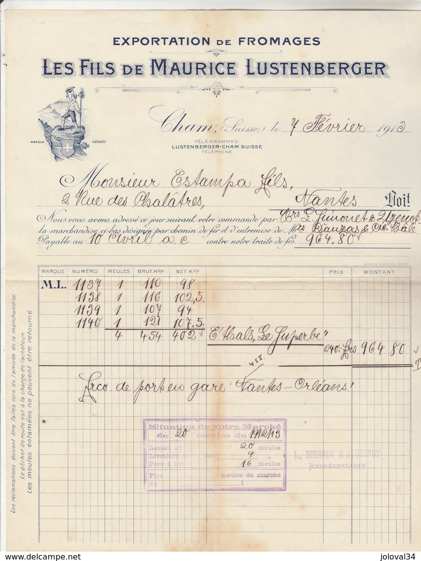 Suisse Facture Illustrée 7/2/1913 Les Fils De Maurice LUSTENBERGER Exportation Fromages Suisses CHAM - Suisse