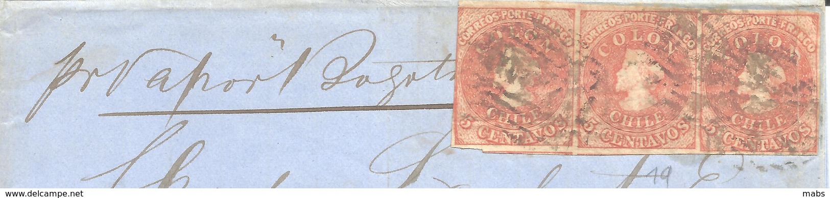 Chile. 1862 Maritime Cover Valparaiso - Coquimbo. Strip Of 3 1853 5c. Red - Chili