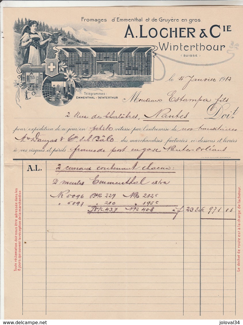 Suisse Facture Illustrée Double Page 4/1/1912 LOCHER Fromages Emmenthal & Gruyère WINTERTHOUR - Switzerland