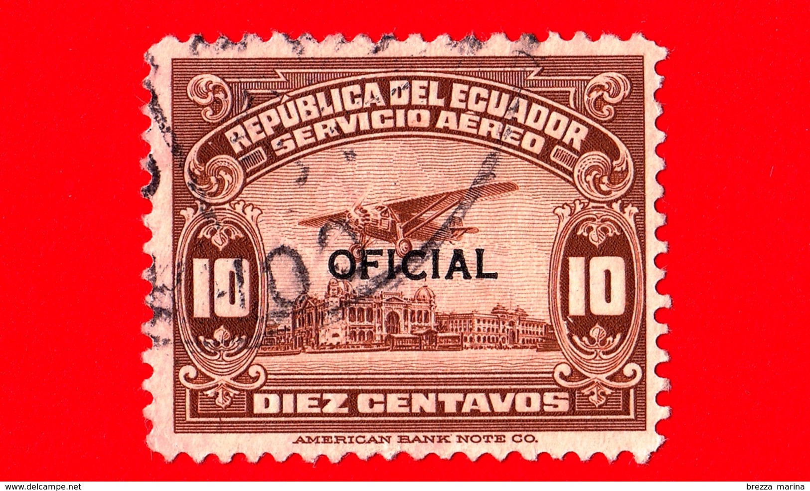 ECUADOR - Usato - 1929 - Aeroplano Sul Lungomare Di Guayaquil - Guayas - Sovrastampato OFICIAL - 10 - P. Aerea - Ecuador