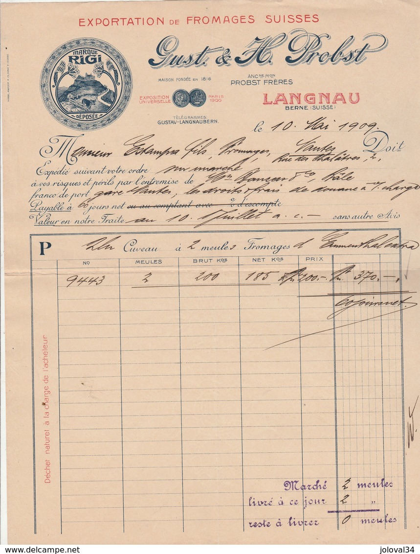 Suisse Facture Illustrée 10/5/1909 GUST & PROBST Fromages Marque RIGI  LANGNAU - Suisse