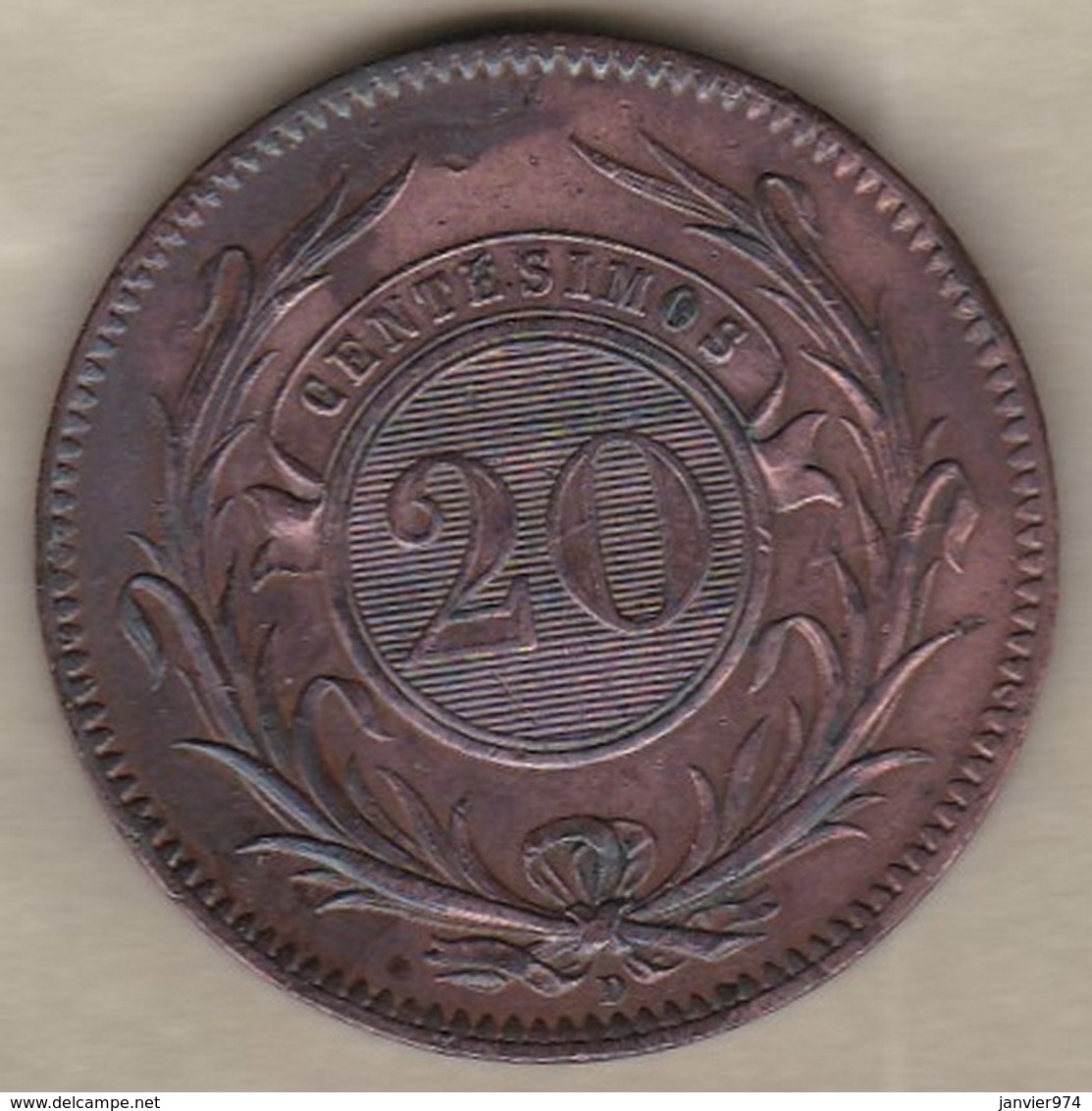 Uruguay 20 Centesimos 1857 D Lyon, En Cuivre , KM# 9. SUP / XF - Uruguay