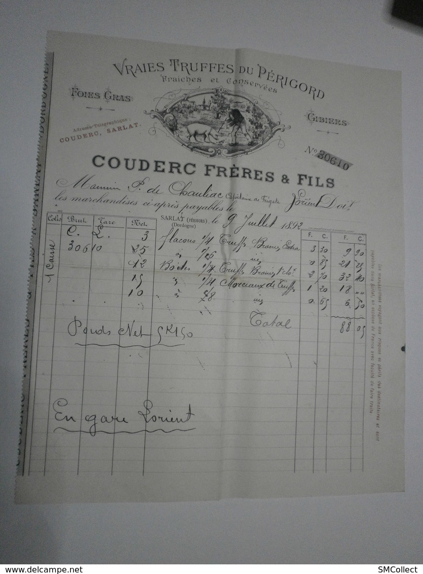 24 Sarlat. Truffes Du Périgord Couderc Frères Et Fils. Facture Du 9 Juillet 1892 - Alimentaire