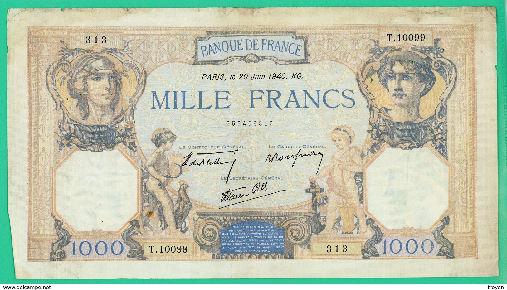 1000 Francs - France - Cérès - N° 313/T.10099 - 20-06-1940 - TB+ - - 1 000 F 1927-1940 ''Cérès Et Mercure''