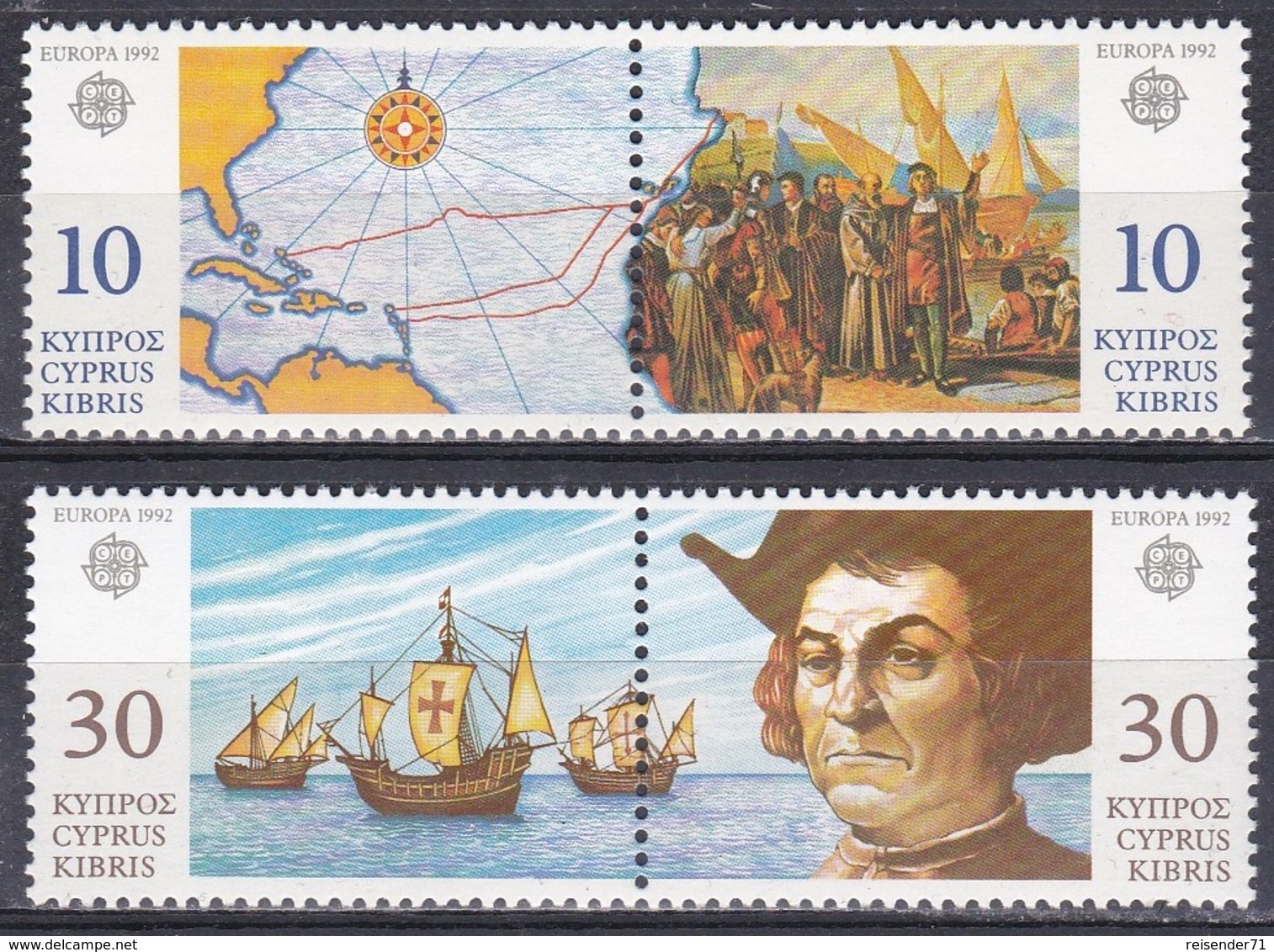 Zypern Cyprus 1992 Europa CEPT Geschichte History Entdeckungen Amerika Kolumbus Columbus Schiffe Ships, Mi. 790-3 ** - Ungebraucht