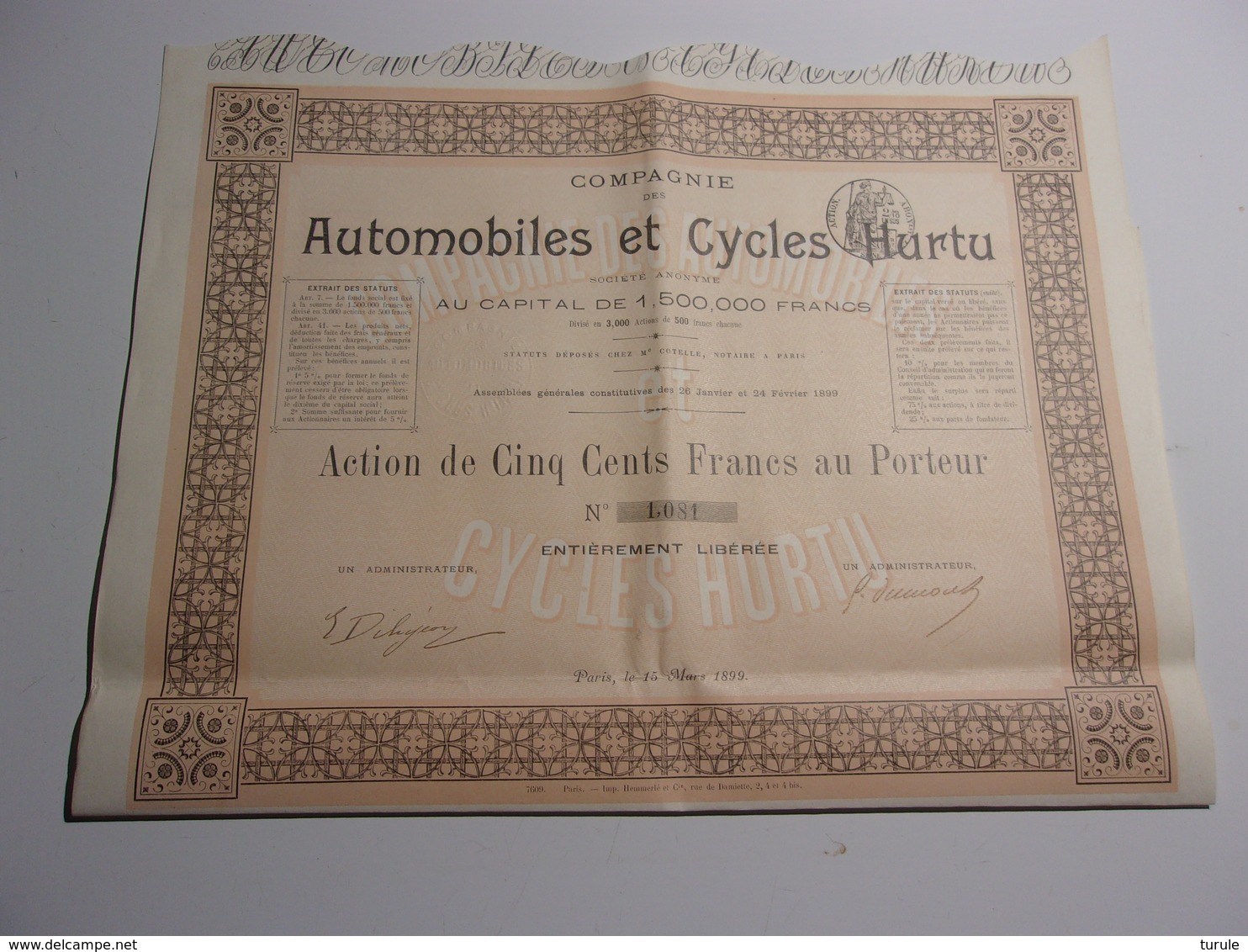 AUTOMOBILES ET CYCLES HURTU (500 Francs) 1899 - Autres & Non Classés