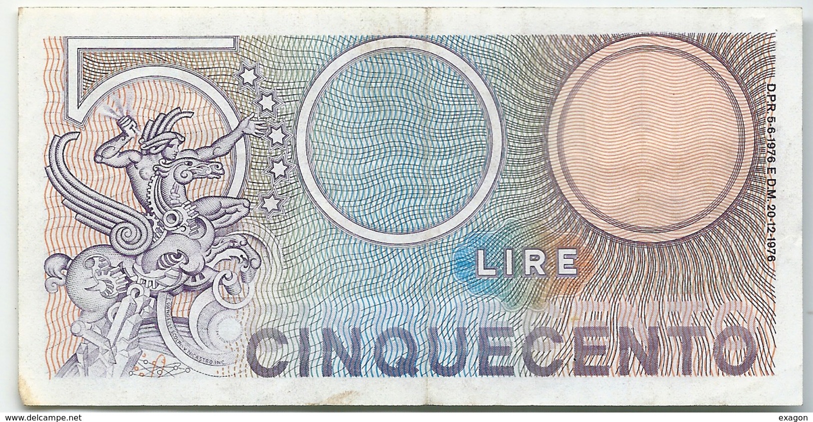 BANCONOTA  Da  500  Lire - Serie MERCURIO - D.M. 24. 12. 1970   DPR 5.6.1976. - 500 Liras