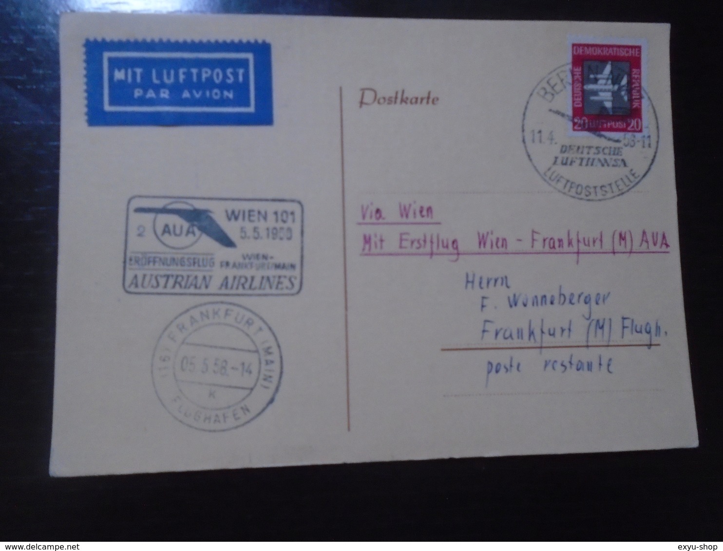 WIEN/VIENNA - FRANKFURT - AUSTRIAN AIRLINES - AUA - 5.5.1958 - First Flight Covers