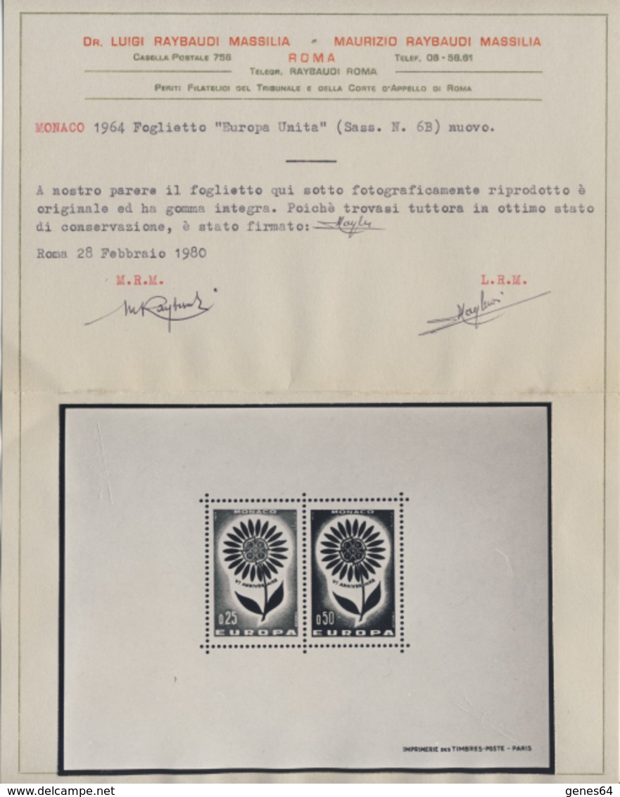 Monaco - Foglietto Europa Nuovo MNH**- Certificato Raybaudi - 2 Immagini - 1964