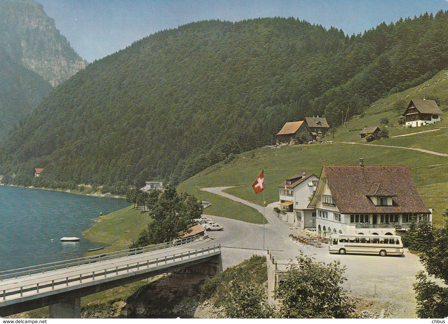 Innerthal, Gasthaus Stausee; Autobus, Reisecar, Touringcar, Mercedes O302 - Innerthal