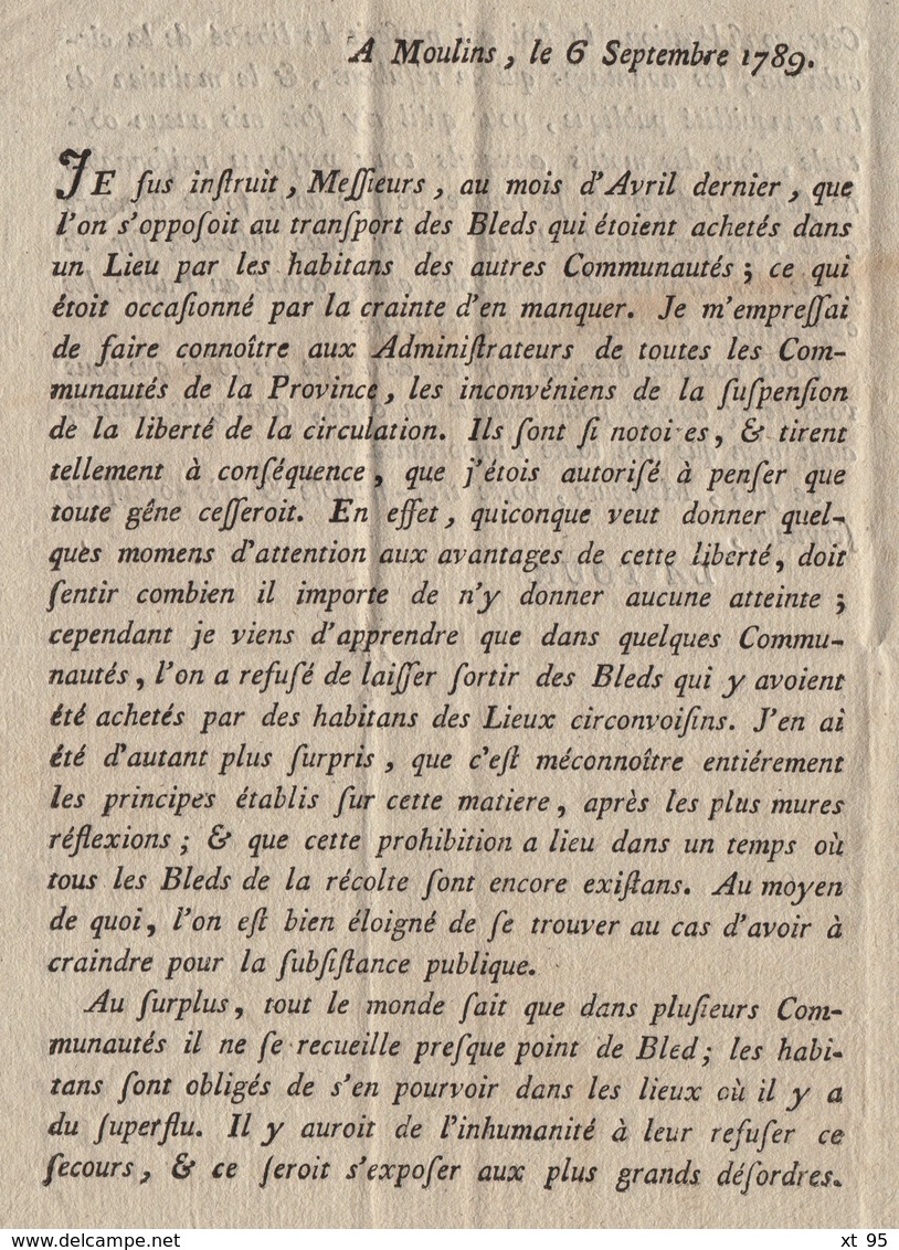 Franchise De L'Intendant La Tour - 1789 - Moulins Allier - 1701-1800: Vorläufer XVIII