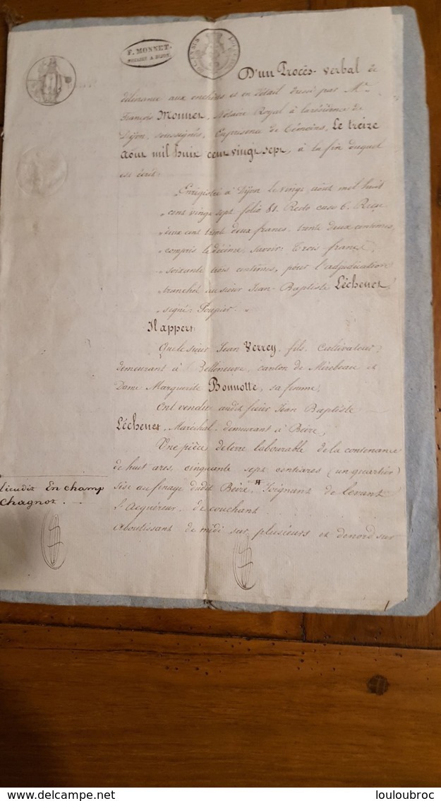 ACTE DE AOUT 1827 VENTE DE TERRE A BEIRE LE CHATEL - Documents Historiques