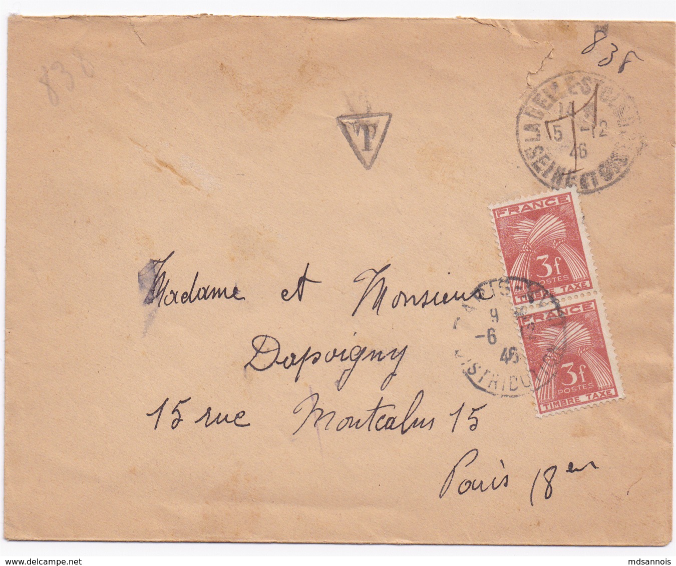 Enveloppe Avec Taxe 6F (Timbre Taxe 2x3F) Seine Et Oise La Seine Saint Cloud 1946, Paris XV Distribution - 1859-1959 Lettres & Documents