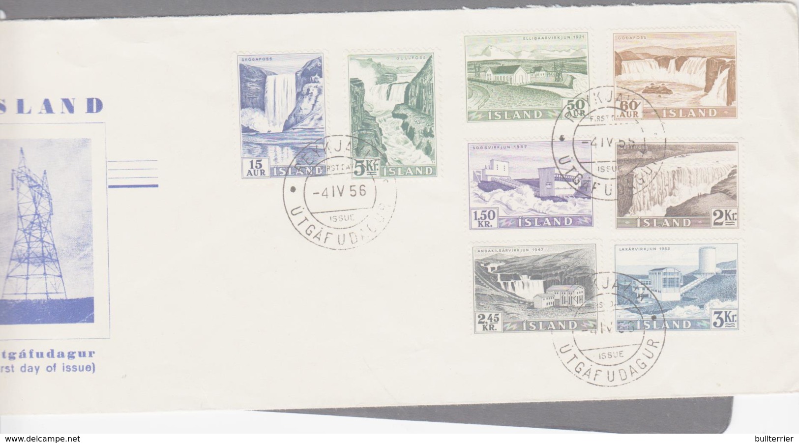ICELAND - 1956  WATERFALLS & POWER STATIONS SET OF 8 ON ILLUSTRATED  FDC - Covers & Documents