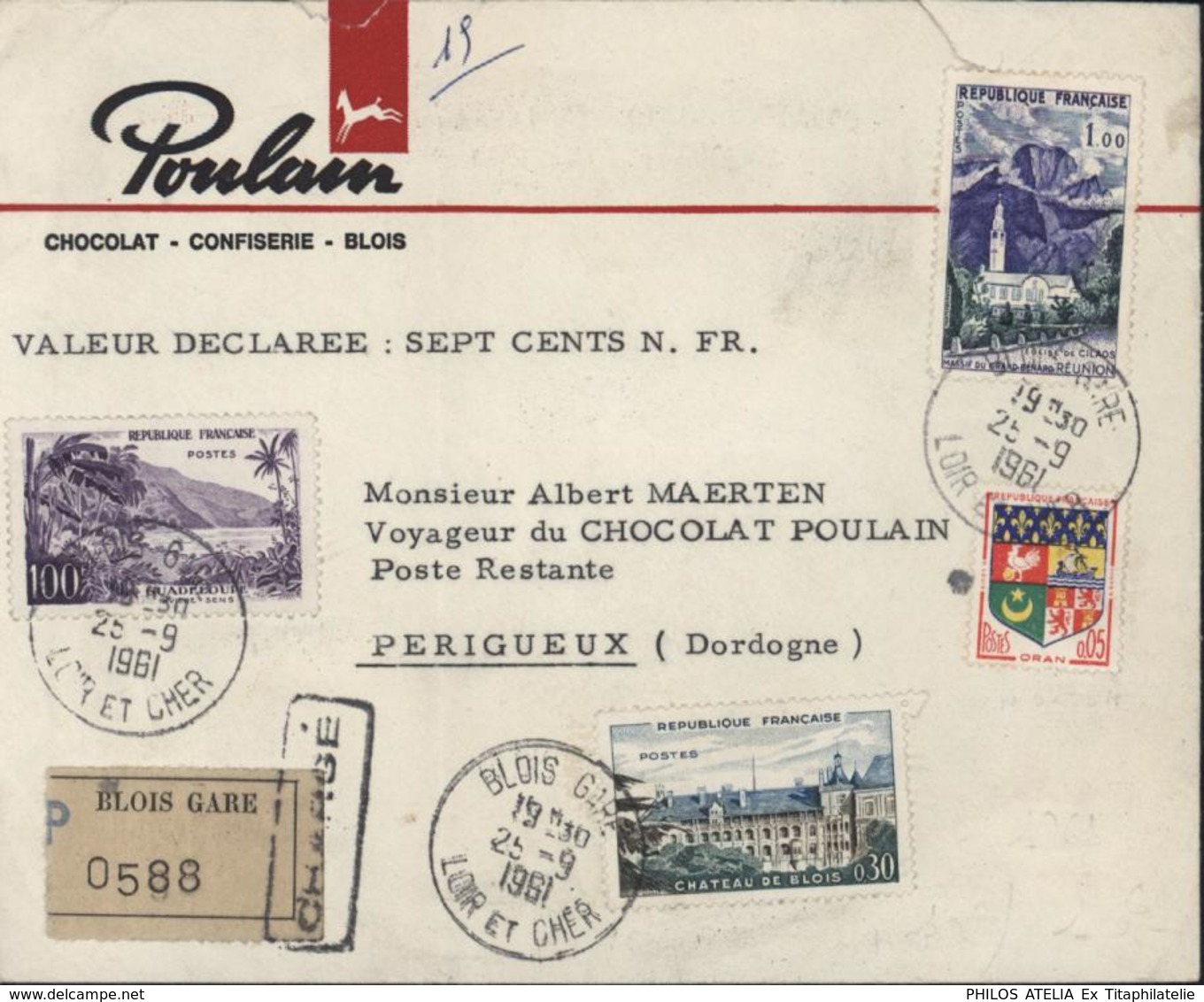 Enveloppe Poulain Chocolat Blois Recommandé Chargé Timbres Ancien + Nouveau Franc YT 1194 AF + 1230A 1241 1255 - 1961-....