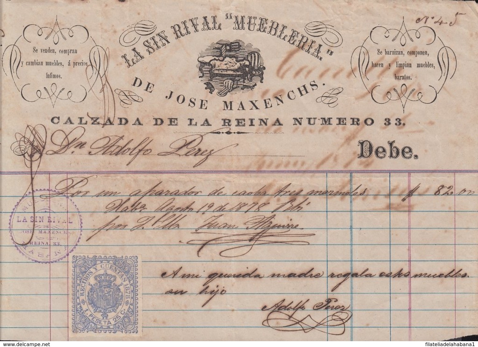 E6241 CUBA SPAIN ESPAÑA. 1878. LA SIN RIVAL. MUEBLERIA FURNITURE STORE ILLUSTRATED INVOICE. - Historical Documents