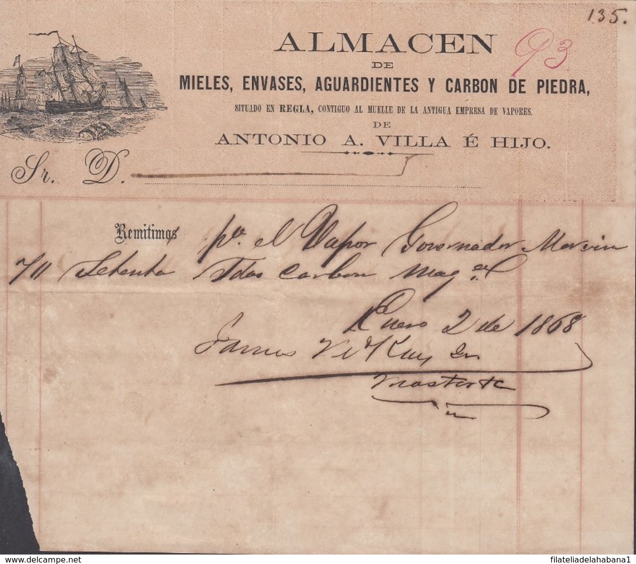 E6245 CUBA SPAIN ESPAÑA. 1868. MIELES, RON, AGUARDIENTE STORE. REGLA ILLUSTRATED INVOICE. - Historical Documents