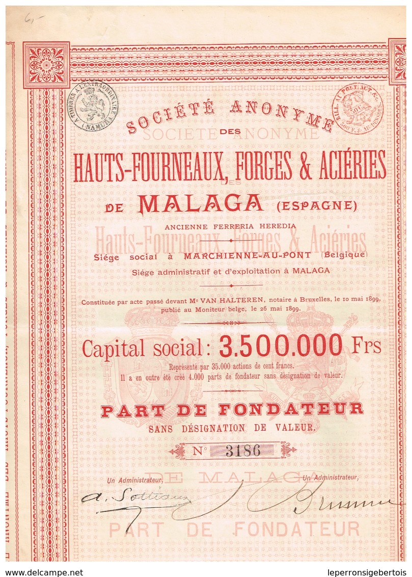 Titre Ancien - Société Anonyme Des Hauts-Fourneaux, Forges & Aciéries De Malaga  - Titre De 1899 - Industrie