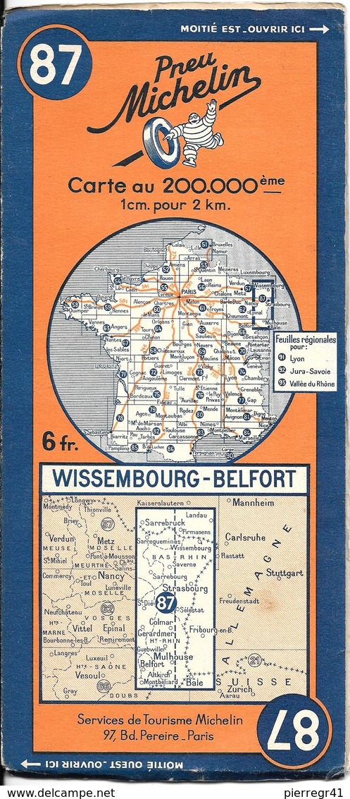 CARTE-ROUTIERE-MICHELIN-N °87-REVISEE1938--WISSEMBOURG-BELFORT--TBE ETAT-Pas De Plis Coupés - Cartes Routières