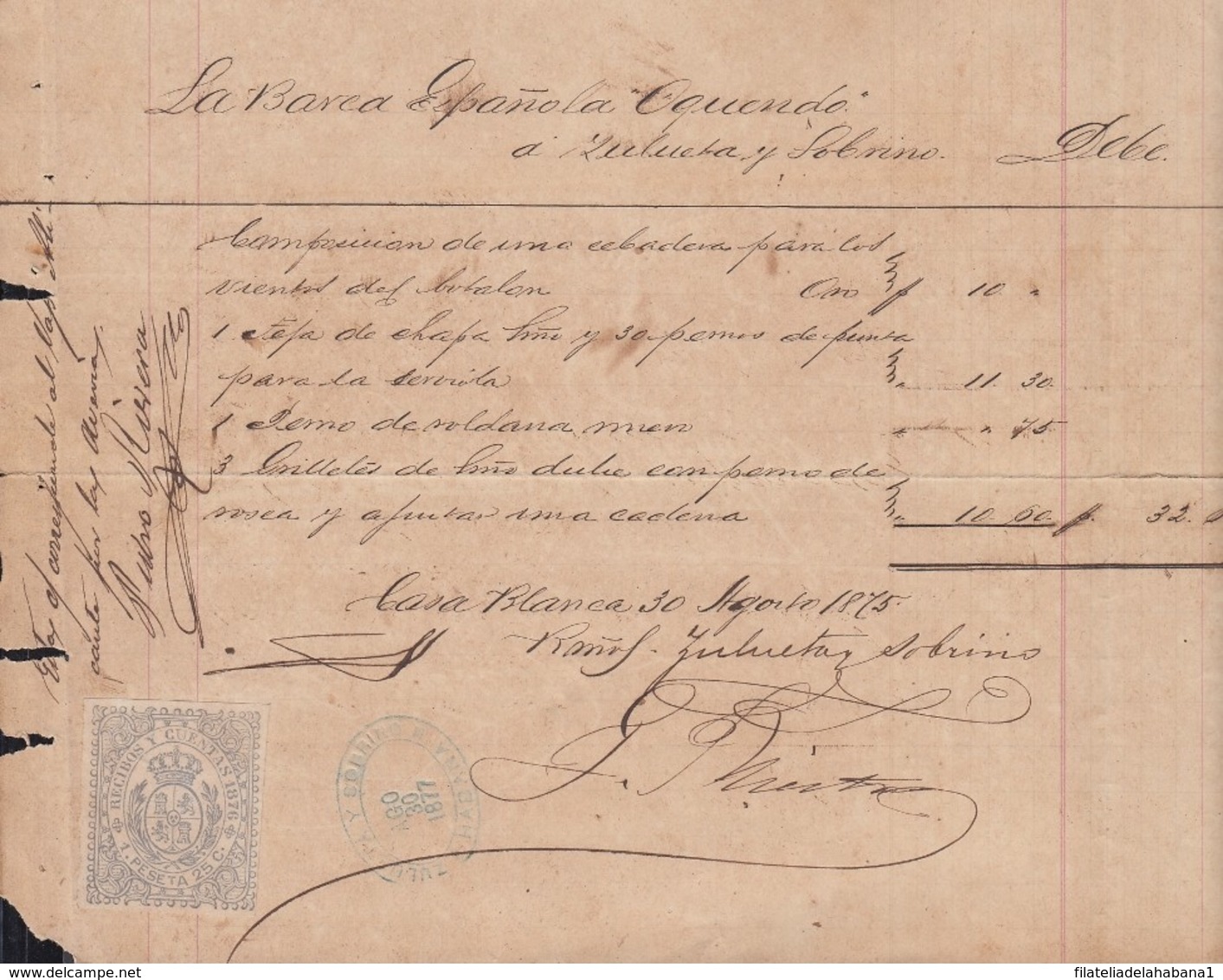 REC-51 CUBA SPAIN ESPAÑA (LG1630) RECIBOS REVENUE 1876. SHIP OQUENDO INVOICE 1875. - Postage Due