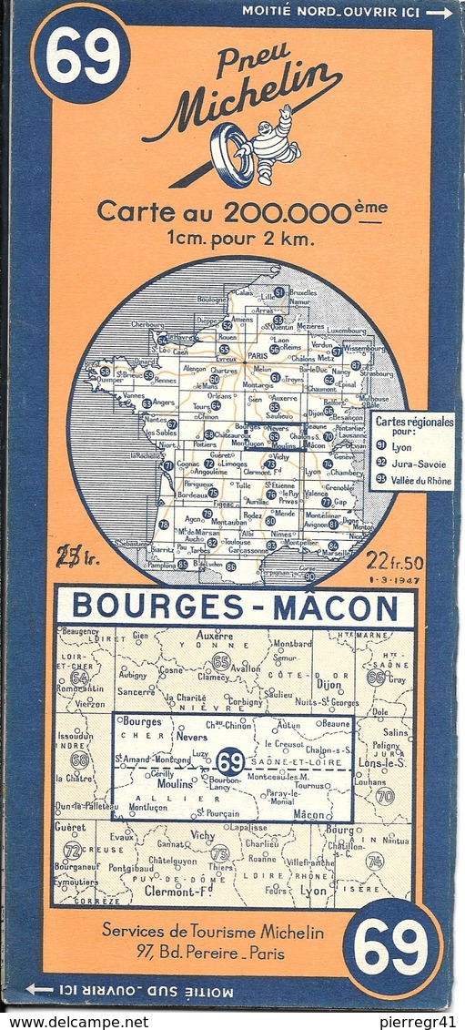 CARTE-ROUTIERE-MICHELIN-N °69-1946-BOURGES-MACON--TBE ETAT-Pas De Plis Coupés - Cartes Routières