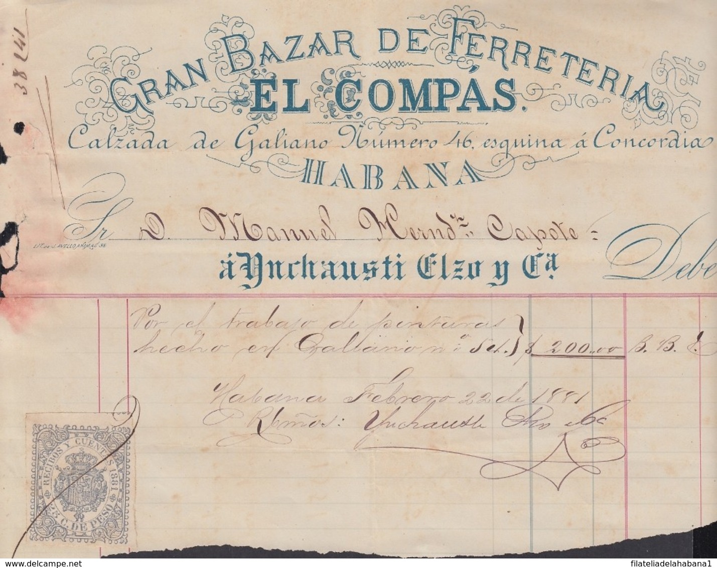 REC-126 CUBA SPAIN ESPAÑA (LG1634) RECIBOS REVENUE 1881. BAZAR EL COMPAS HARDWARE INVOICE. - Timbres-taxe