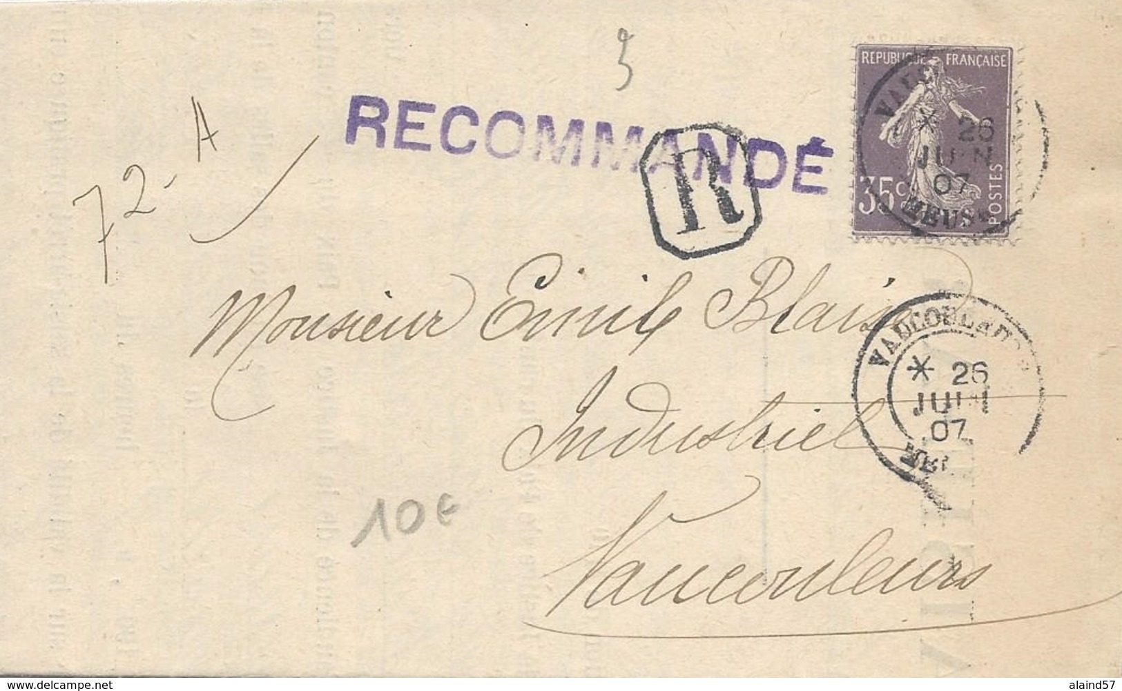 LAC Recommandée De Vaucouleurs (Meuse) Avec CAD 18 Et Tampon Recommandé Violet - 1877-1920: Période Semi Moderne