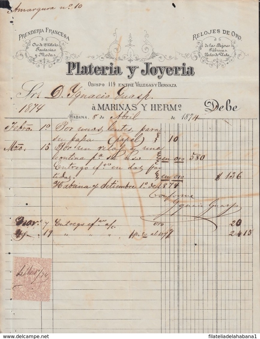 REC-127 CUBA SPAIN ESPAÑA (LG1635) RECIBOS REVENUE 1874. JOYERIA Y PLATERIA. JEWERLY INVOICE 1875. - Timbres-taxe