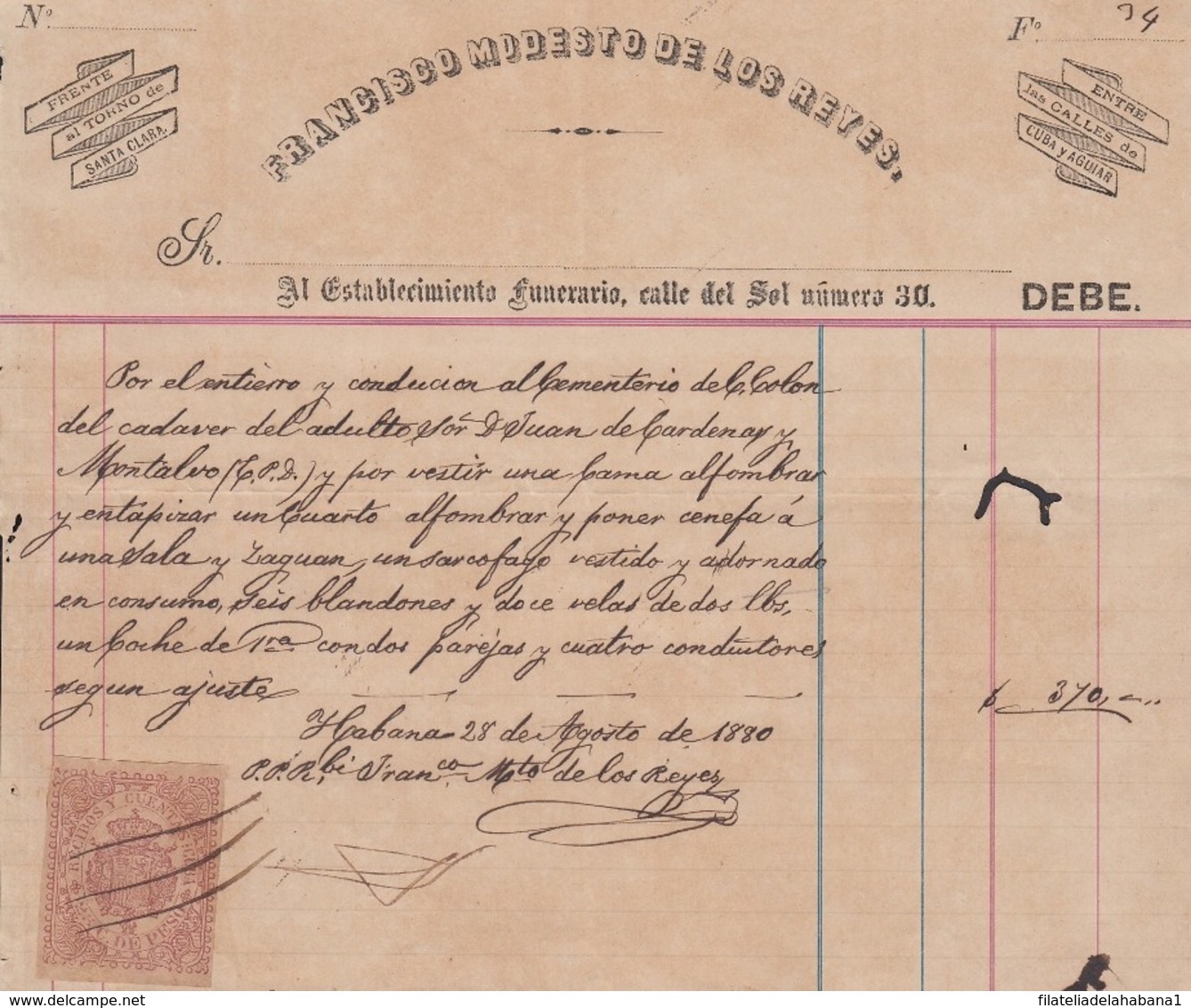 REC-129 CUBA SPAIN ESPAÑA (LG1637) RECIBOS REVENUE 1880. TREN FUNERARIO. MORTUORY INVOICE. - Postage Due