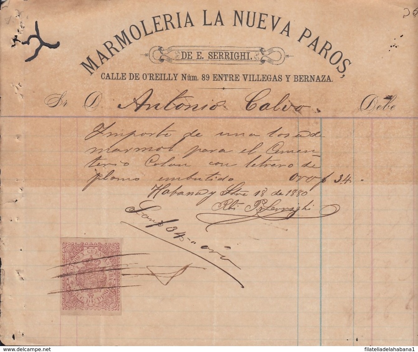 REC-130 CUBA SPAIN ESPAÑA (LG1638) RECIBOS REVENUE 1880. MARMOLERIA DE SERRRIGHI INVOICE. - Portomarken