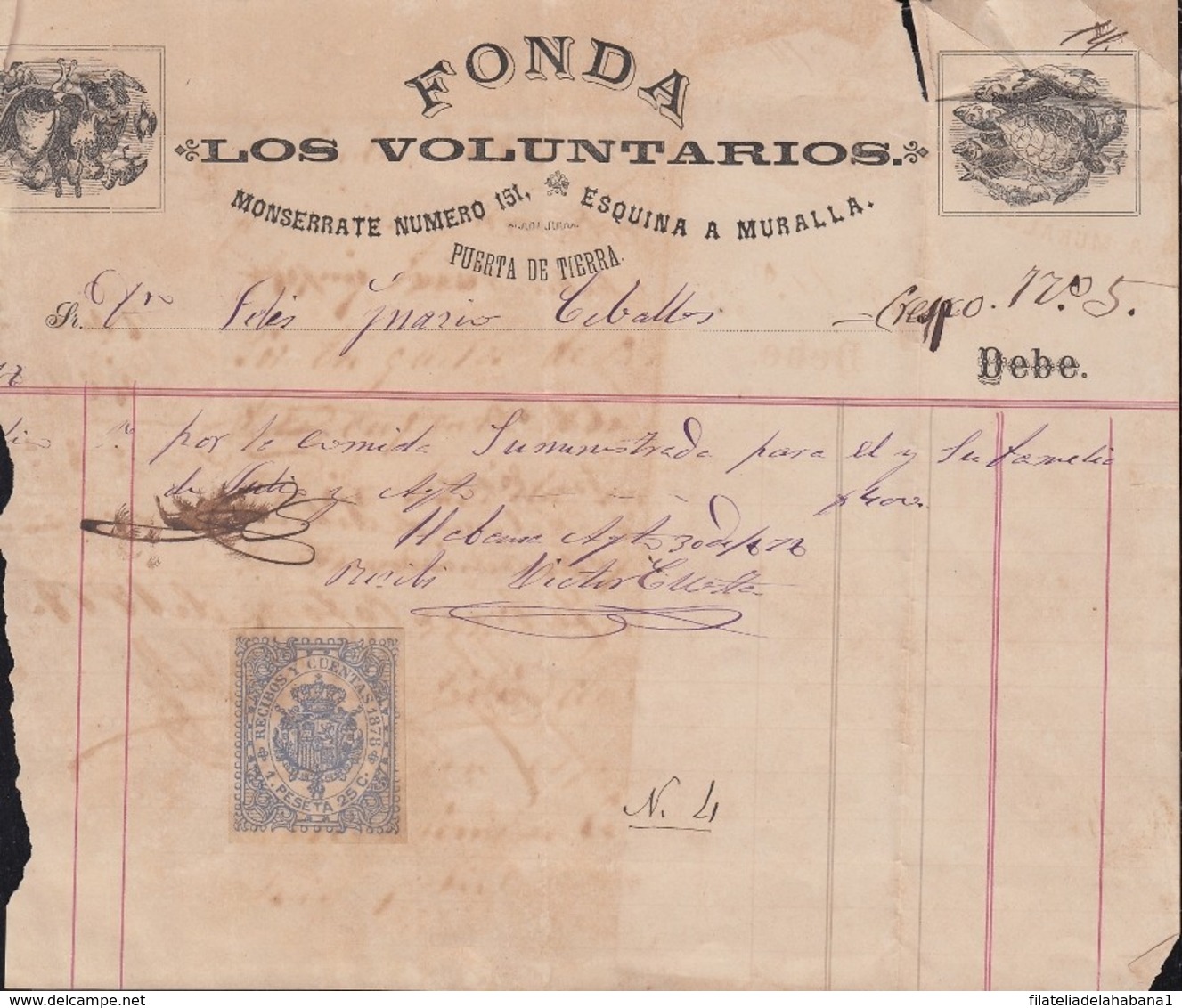 REC-132 CUBA SPAIN ESPAÑA (LG1640) RECIBOS REVENUE 1876. FOOD RESTAURANT FONDA LOS VOLUNTARIOS INVOICE. - Timbres-taxe