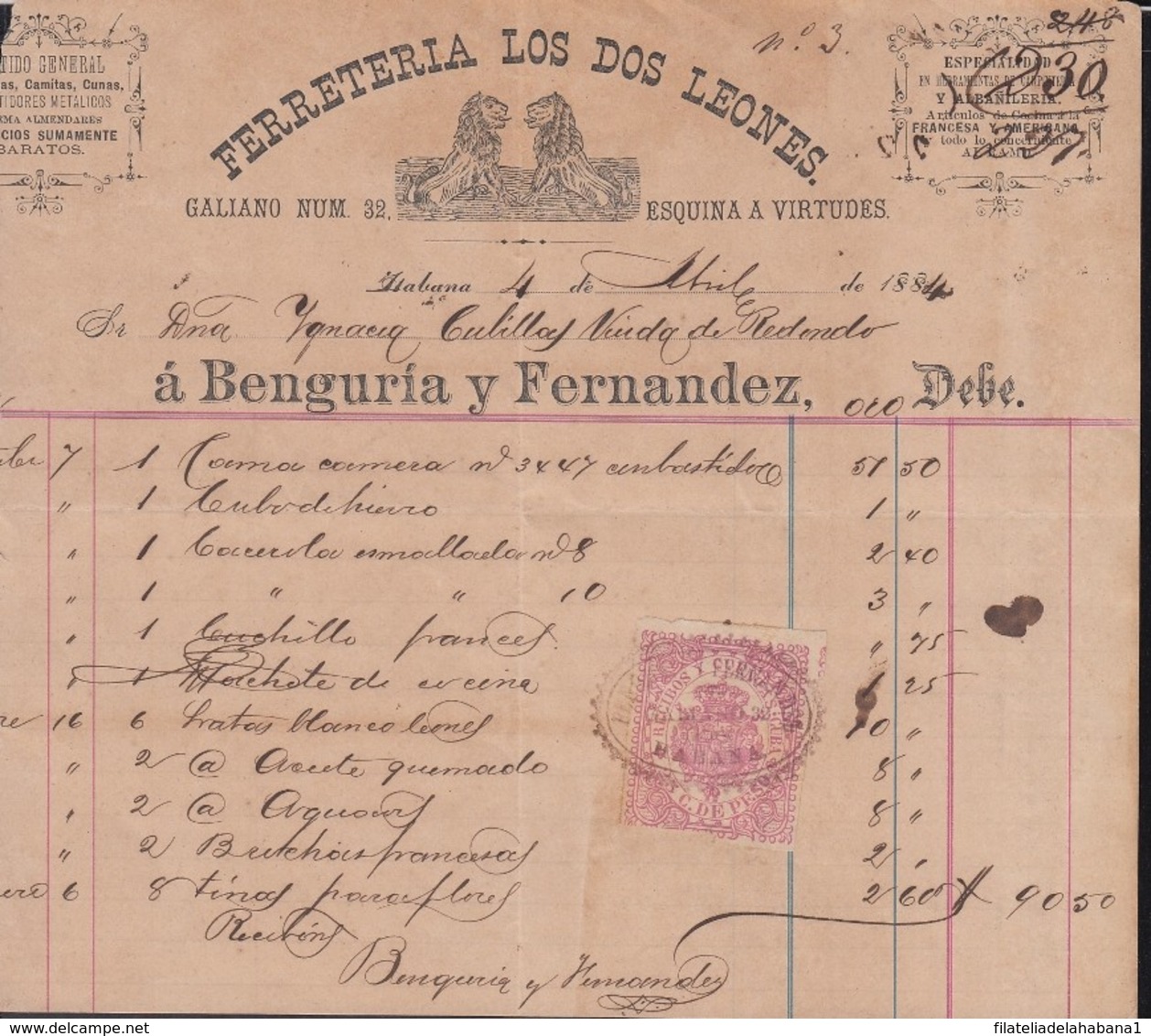 REC-133 CUBA SPAIN ESPAÑA (LG1641) RECIBOS REVENUE 1884. FERRETERIA LOS DOS LEONES HARDWARE INVOICE. - Segnatasse