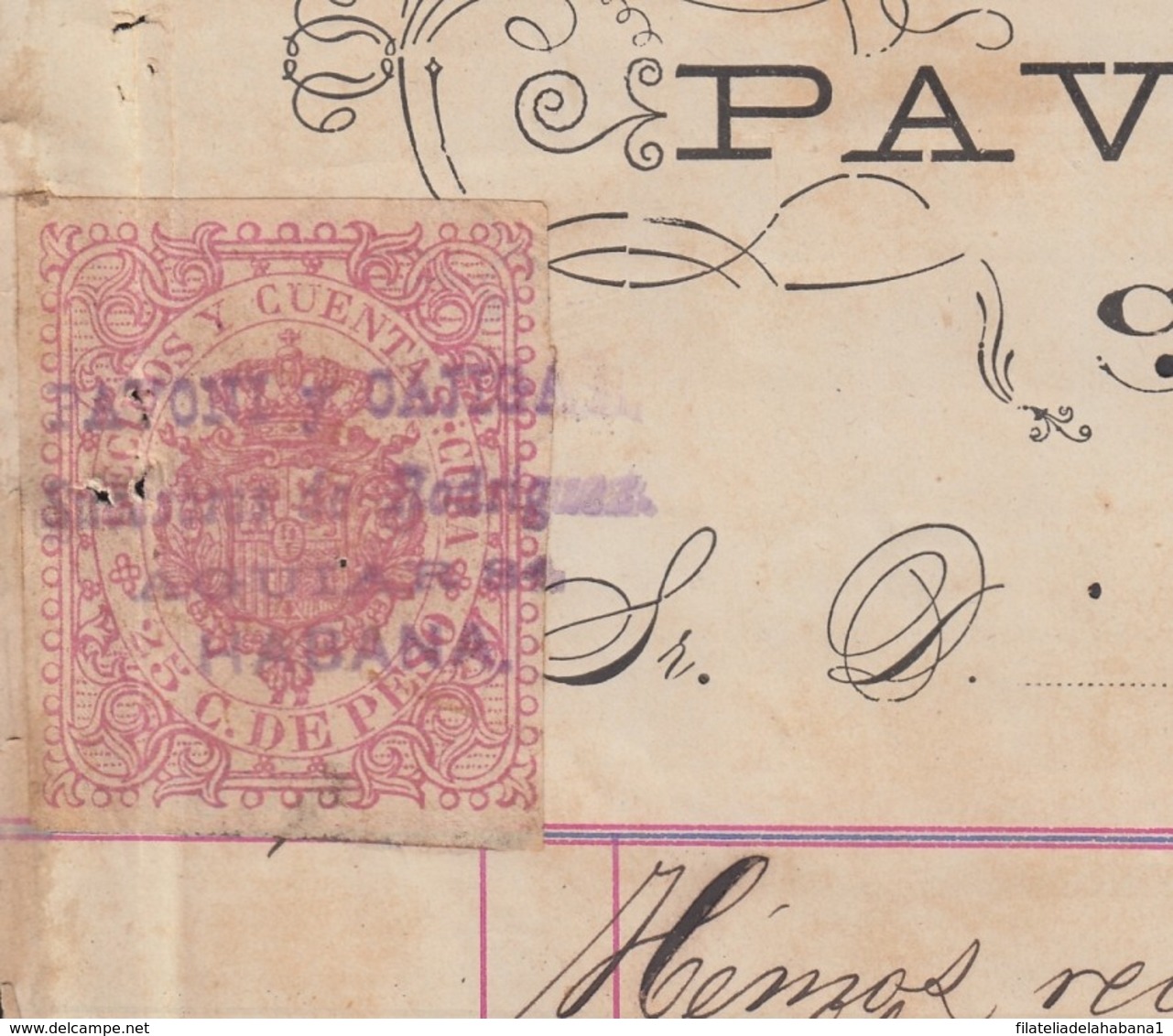 REC-134 CUBA SPAIN ESPAÑA (LG1642) RECIBOS REVENUE 1884. SASTRERIA PAVONI COSTUMES HARDWARE INVOICE. - Timbres-taxe