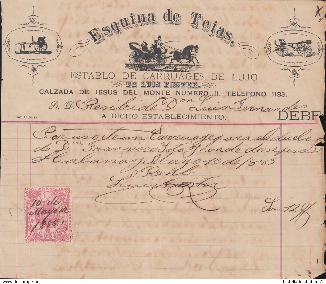 REC-135 CUBA SPAIN ESPAÑA (LG1643) RECIBOS REVENUE 1885. CARRUAJES DE LUJO CARRIAGE INVOICE. - Timbres-taxe