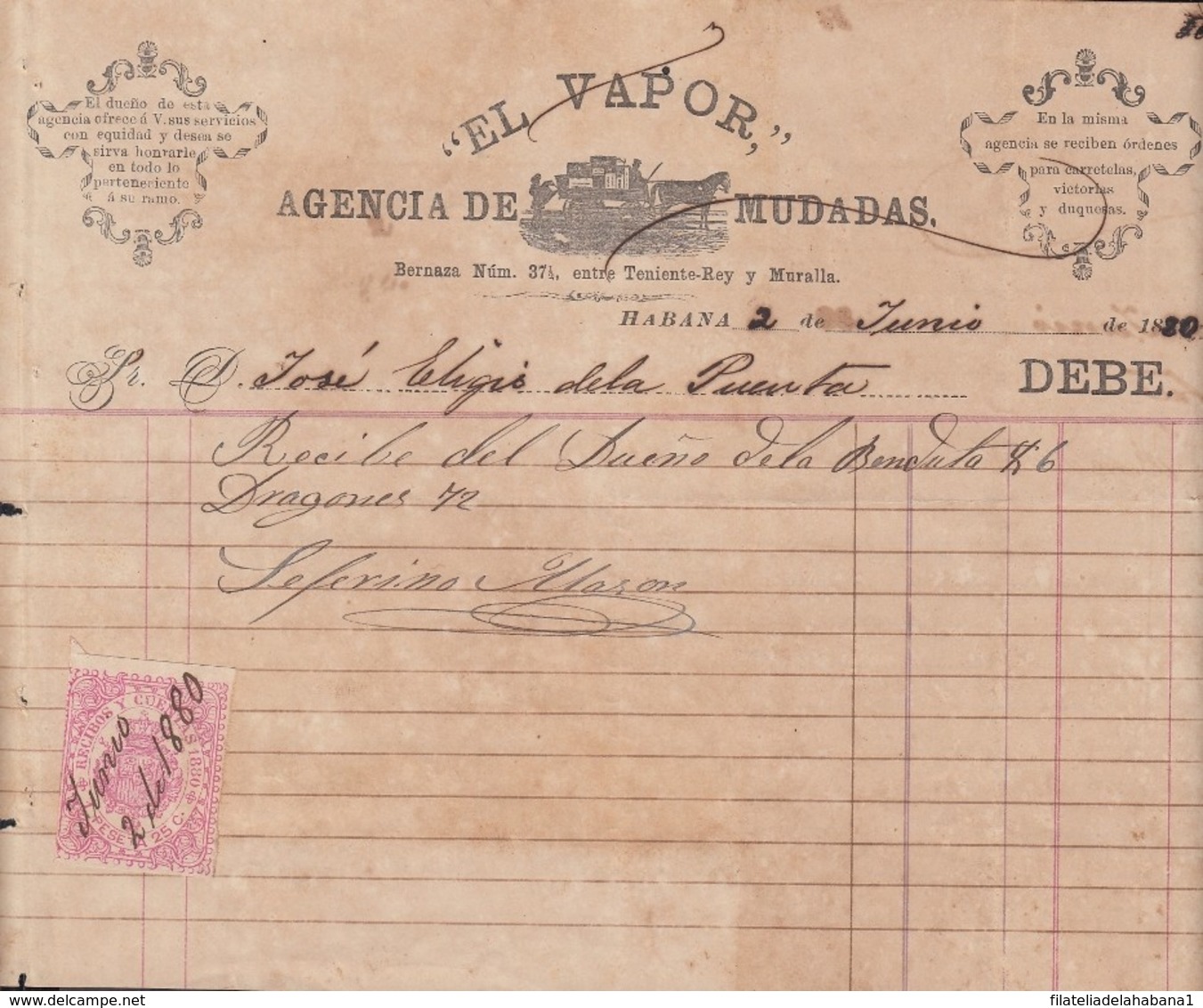 REC-136 CUBA SPAIN ESPAÑA (LG1644) RECIBOS REVENUE 1880. EL VAPOR AGENCIA MUDANZAS INVOICE. - Portomarken