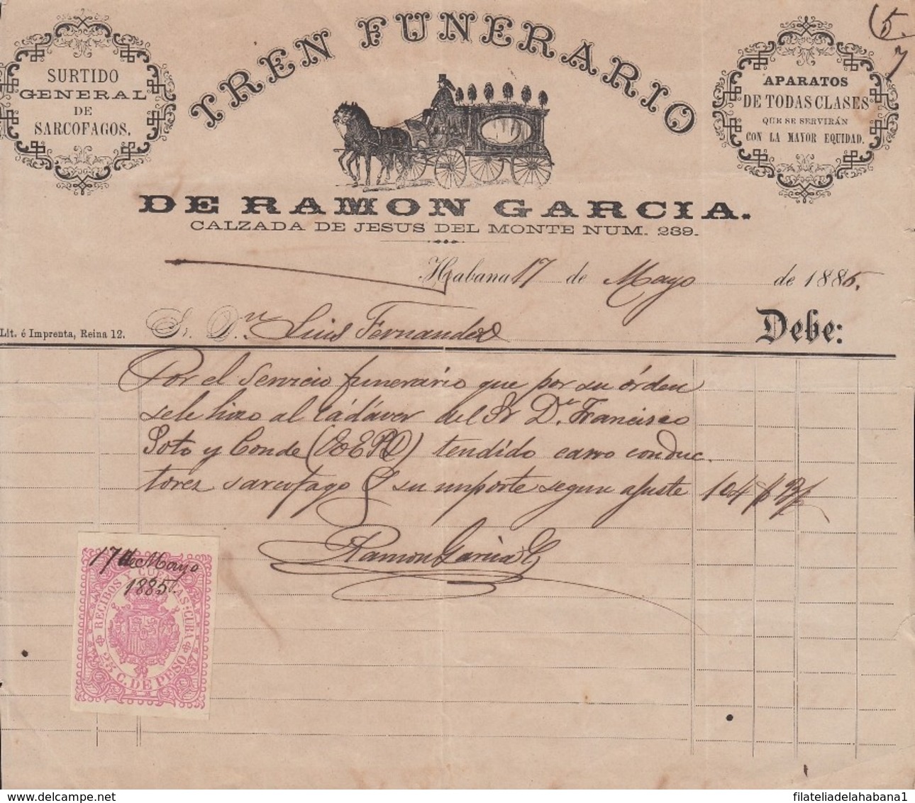 REC-139 CUBA SPAIN ESPAÑA (LG1647) RECIBOS REVENUE 1880. TREN FUNERARIO. MORTUORY INVOICE. 1885. - Strafport