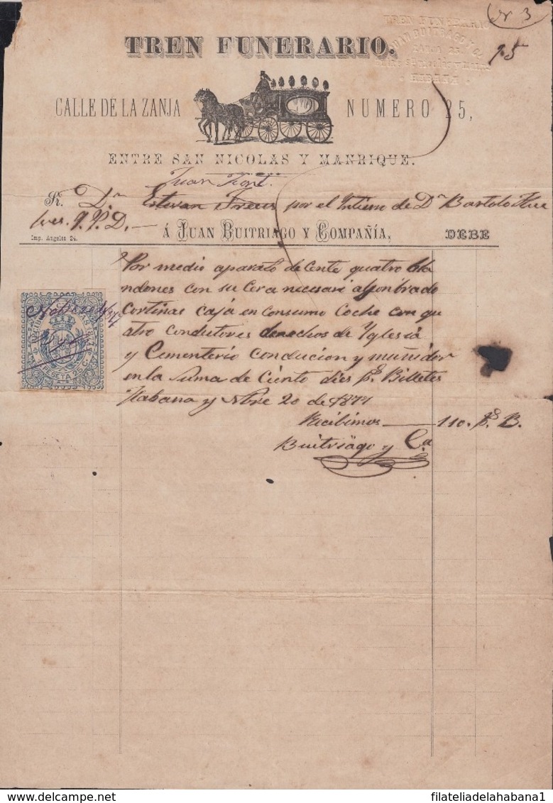 REC-140 CUBA SPAIN ESPAÑA (LG1648) RECIBOS REVENUE 1877. TREN FUNERARIO. MORTUORY INVOICE. 1885. - Timbres-taxe