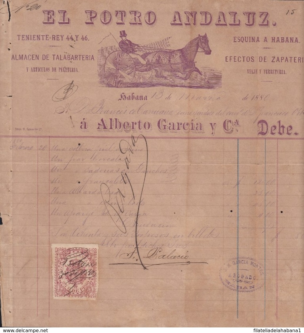 REC-141 CUBA SPAIN ESPAÑA (LG1649) RECIBOS REVENUE 1880. ZAPATERIA EL POTRO ANDALUZ SHOES INVOICE. - Portomarken