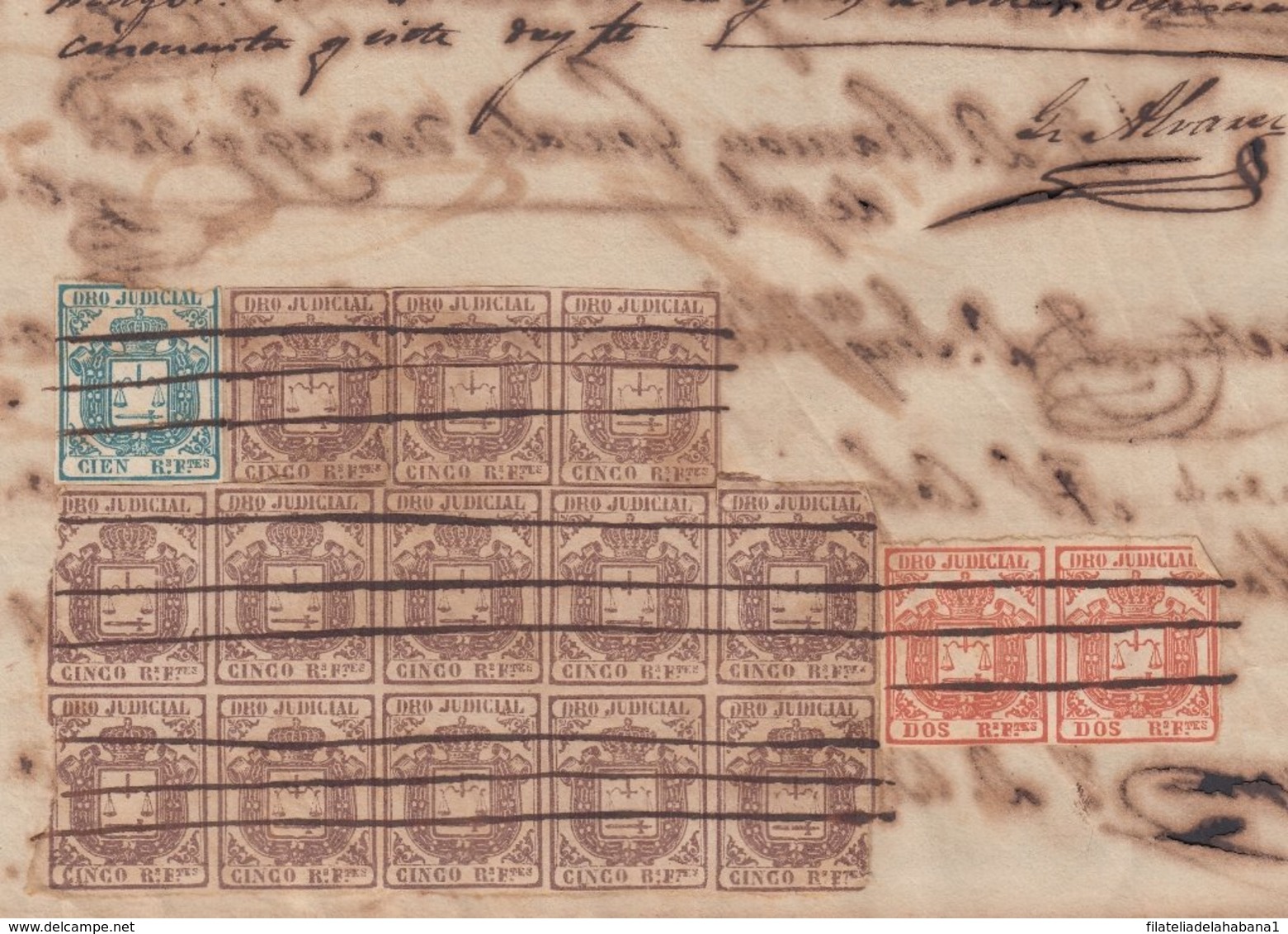 DER-122 CUBA SPAIN ESPAÑA (LG1628) DERECHO JUDICIAL REVENUE 1856. 100R + 5R (13) + 2R (2). - Timbres-taxe