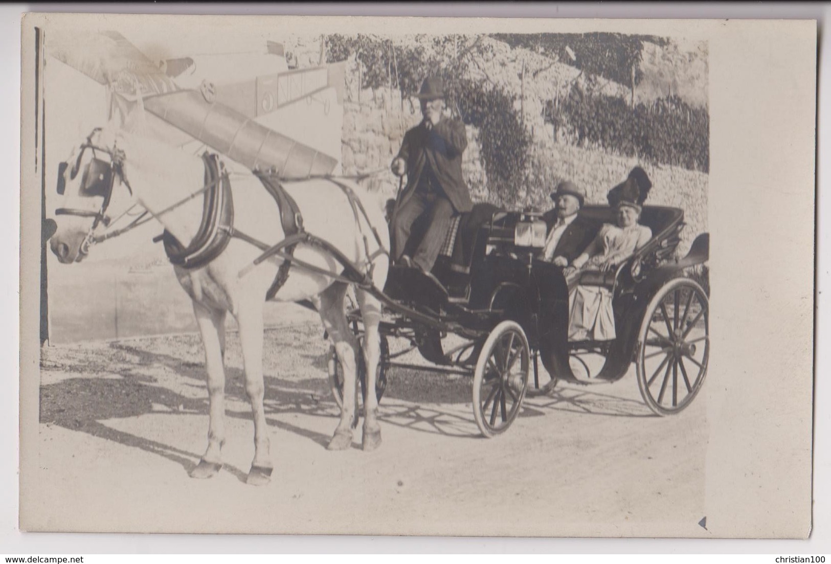 CARTE PHOTO : ATTELAGE - UNE EXCURSION D'UN COUPLE EN  FIACRE OU EN LANDAU - UN COCHER ET UN CHEVAL - 2 SCANS - - Taxis & Fiacres