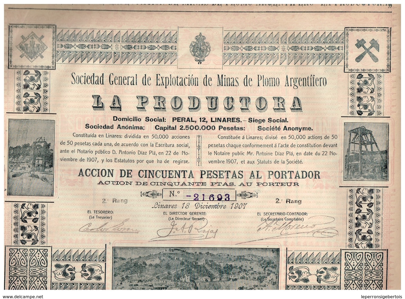 Titre Ancien - Sociedad General De Explotación De Minas De Plomo Argentifero - LA PRODUCTORA - Titre De 1907 - Déco - Mines