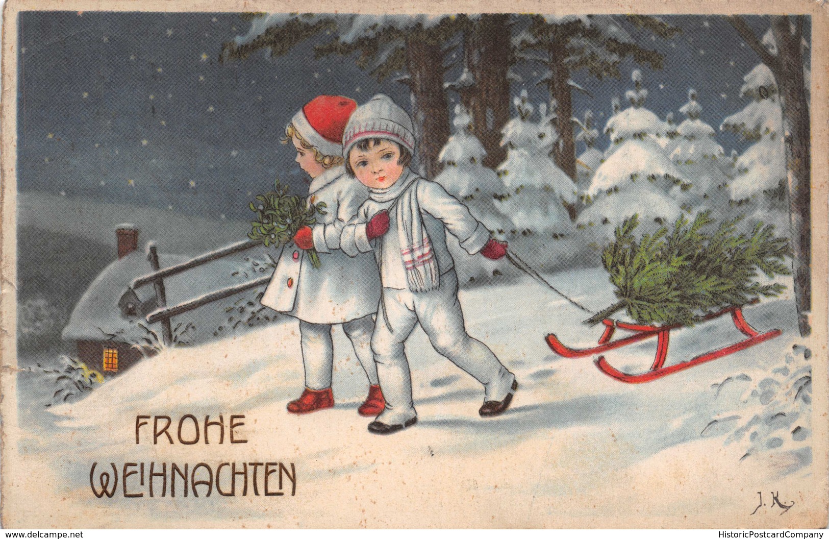 FROHE WEIHNACHTEN-CHILDREN PULLING TREE ON SLED-J K ARTIST SIGNED GERMAN 1925 POSTMARK SCHRAMBERG POSTCARD 39557 - Sonstige & Ohne Zuordnung