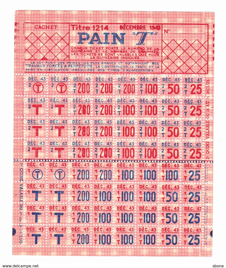 Tickets De Rationnement 1939 1945 - Pain T - Secours National - 1939-45
