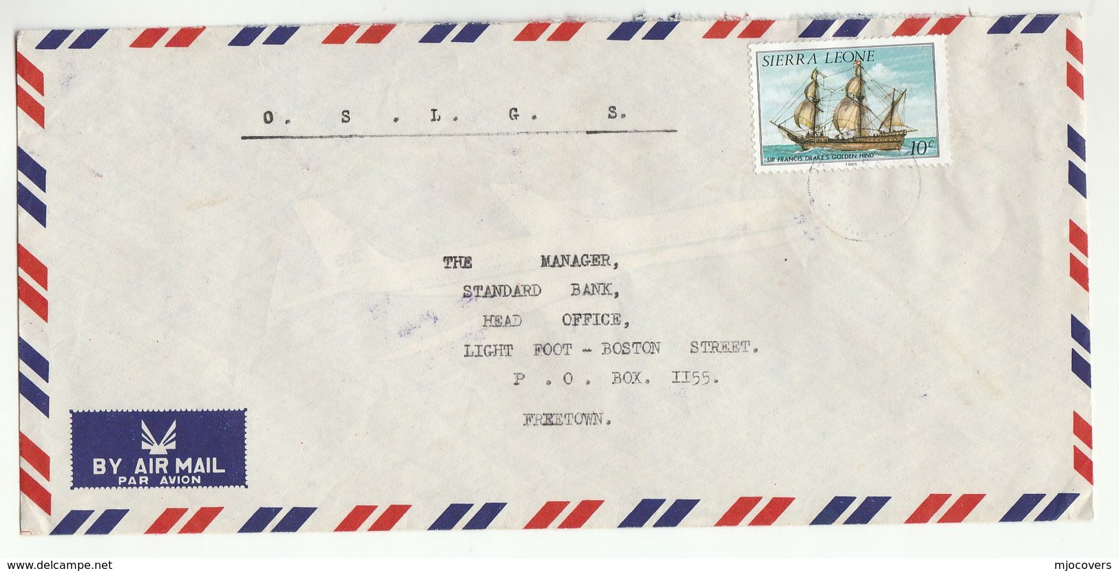 1980s SIERRA LEONE Airmail  OSLGS COVER  Stamps SAILING SHIP GOLDEN HIND To Standard BANK - Sierra Leone (1961-...)